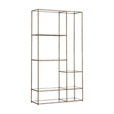 Nimes Shelf featuring floating glass shelves supported by a forged iron frame, combining minimalist design and industrial craftsmanship for a modern luxury display in living rooms, bedrooms, or home offices.